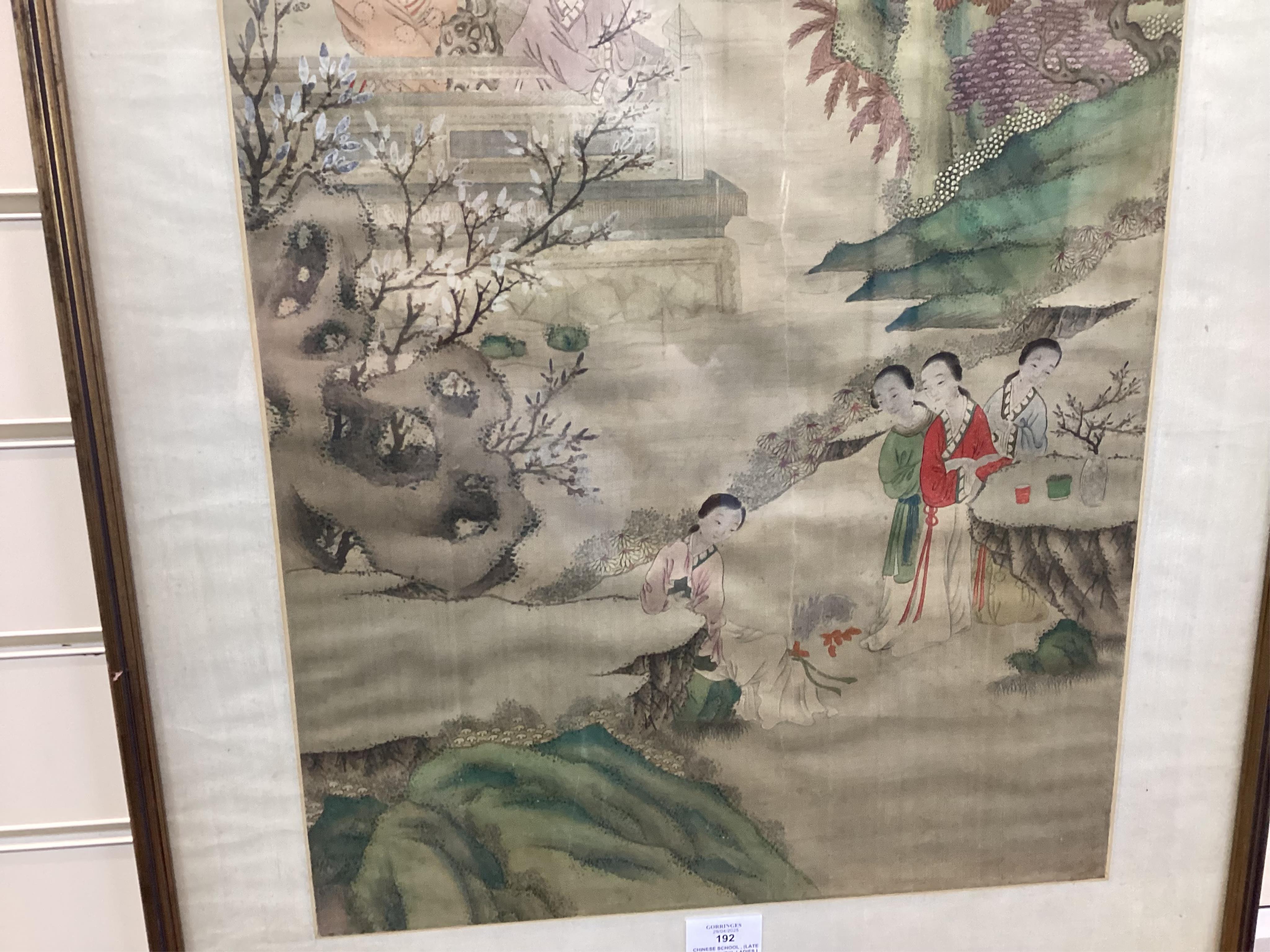Chinese School , (late 19th century), Ladies in a garden, Ink and colour on silk, 107cm x 41cm, excluding brocade border